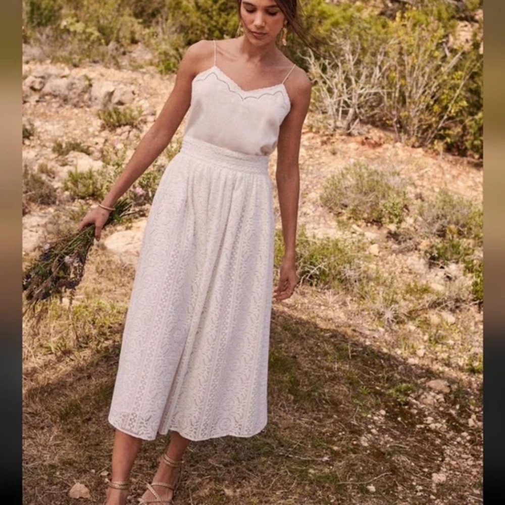 BNWOT Sezane White Pleated Lace Midi Skirt A-Line Size 34